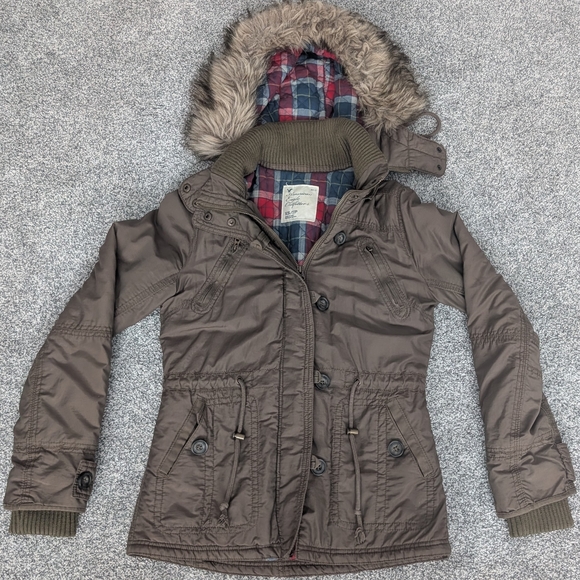 American Eagle Outfitters Jackets & Blazers - VTG Y2K American Eagle Bomber Jacket Coat Faux Fur Flannel Plaid Lined Womens XS